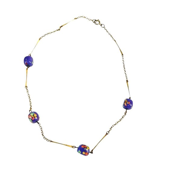 Vintage Gold-Tone Chain Necklace With Blue Millefiori Glass Beads Boho - Picture 1 of 7